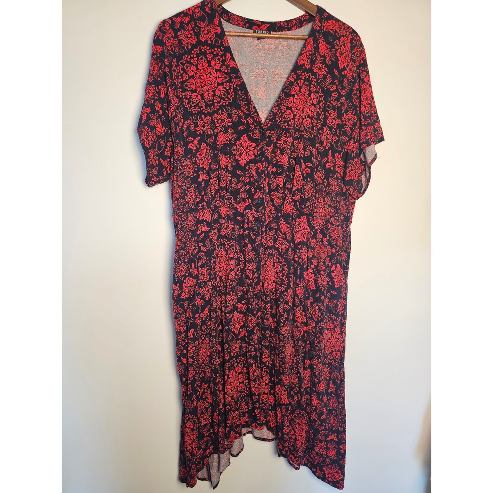 Boho Torrid Floral Handkerchief Hem Dress Womens 3 Black Red Button Front Midi
